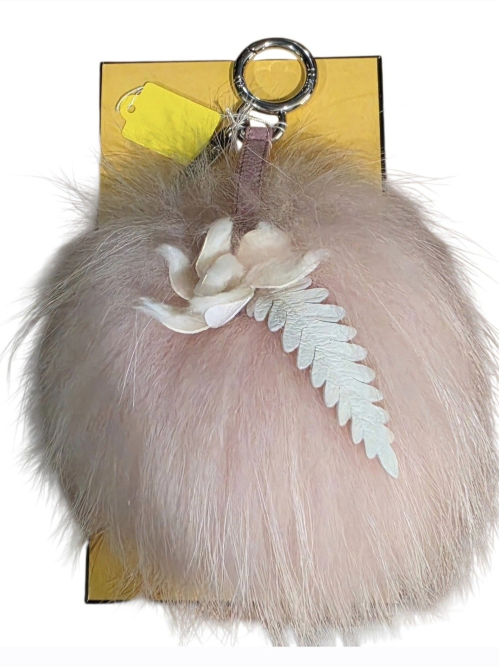 FENDI Pink Faux Fur Pom-Pom Keychain with Flower Accent